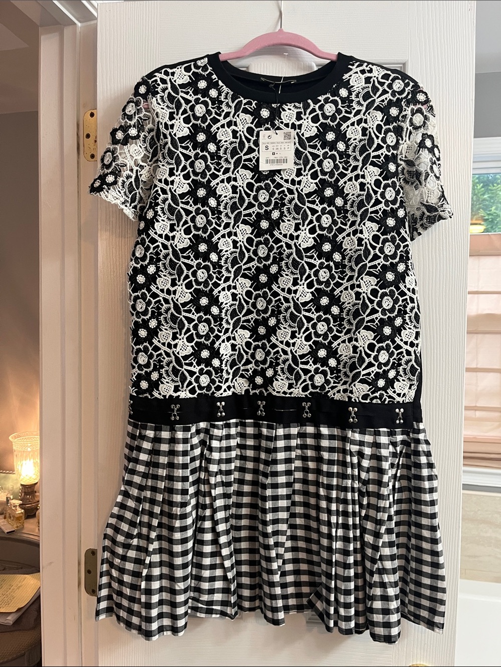 ZARA NWT Black & White Lace Gingham Short Sleeve Dress